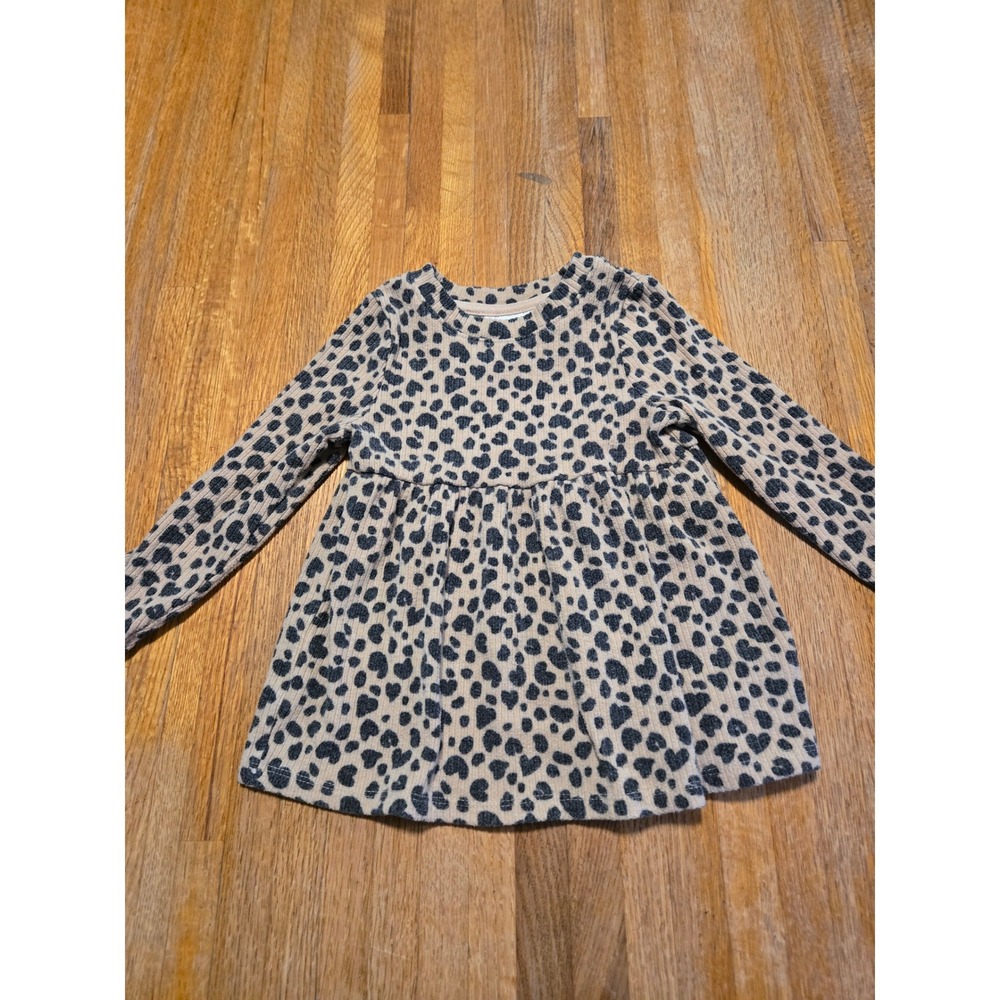 Cat & Jack Baby Girls 18M Tan Black Leopard Print Ribbed Long Sleeve Dress